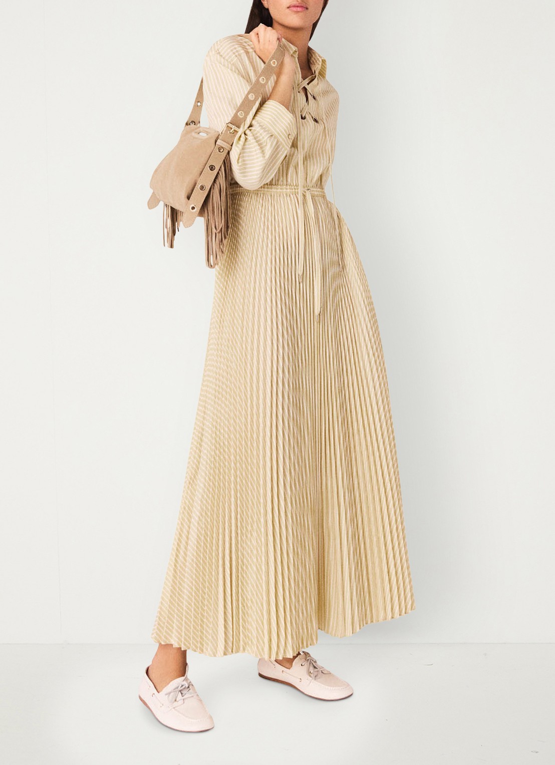 Maje Rossima maxi jurk met plooien en streepprint - detail 4 geel