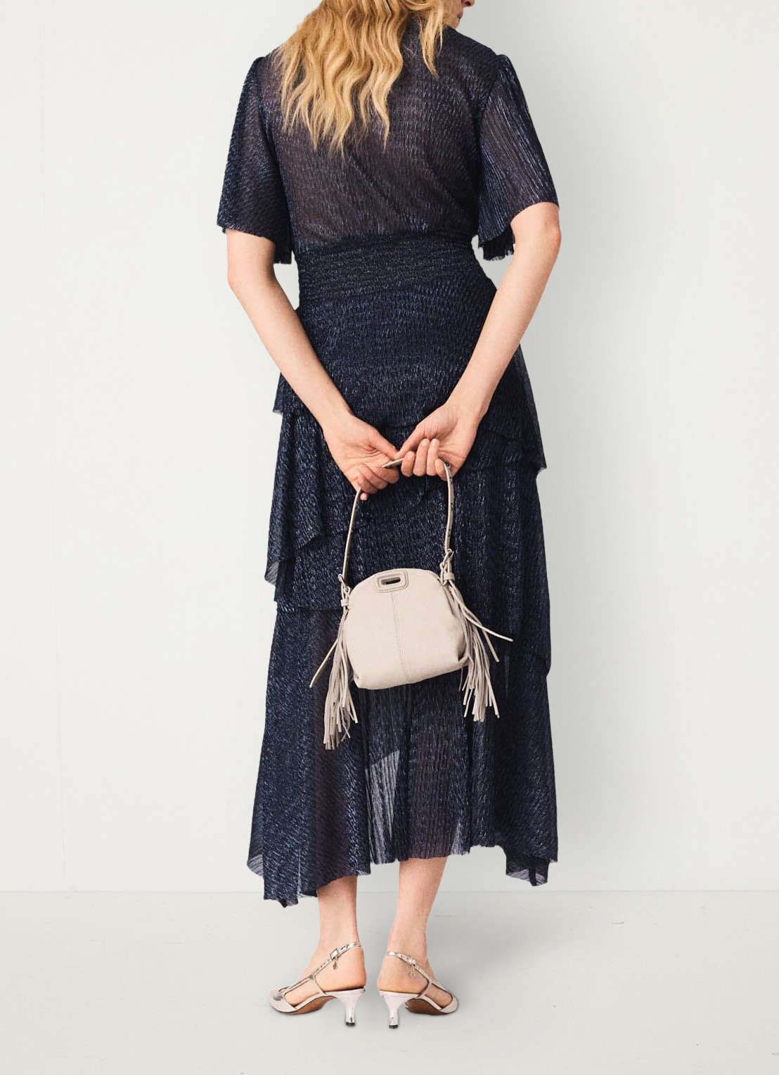 Maje Ruffiba midi jurk met volant - achterkant 6 donkerblauw
