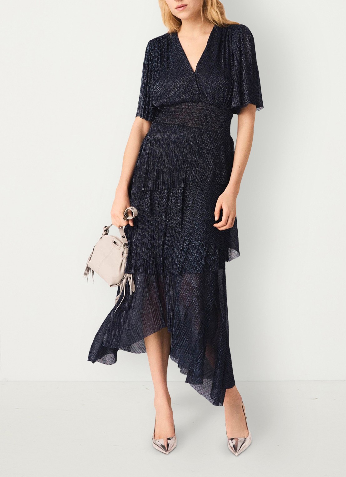 Maje Ruffiba midi jurk met volant - detail donkerblauw