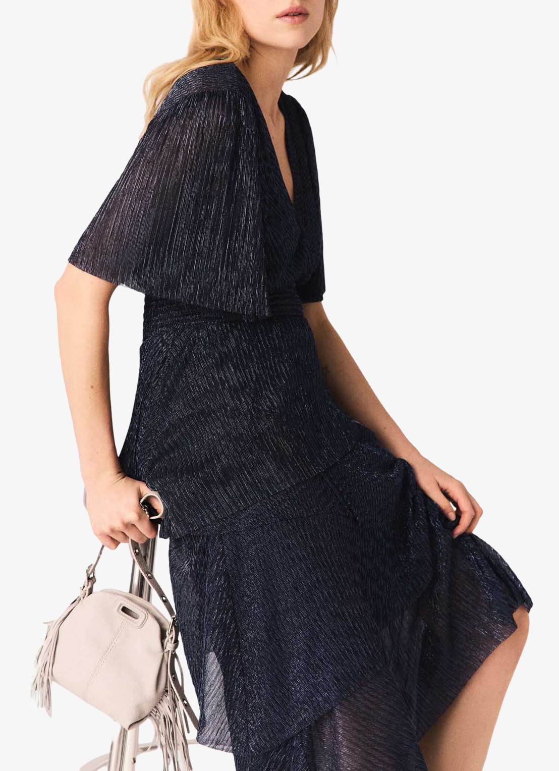 Maje Ruffiba midi jurk met volant - detail 3 donkerblauw