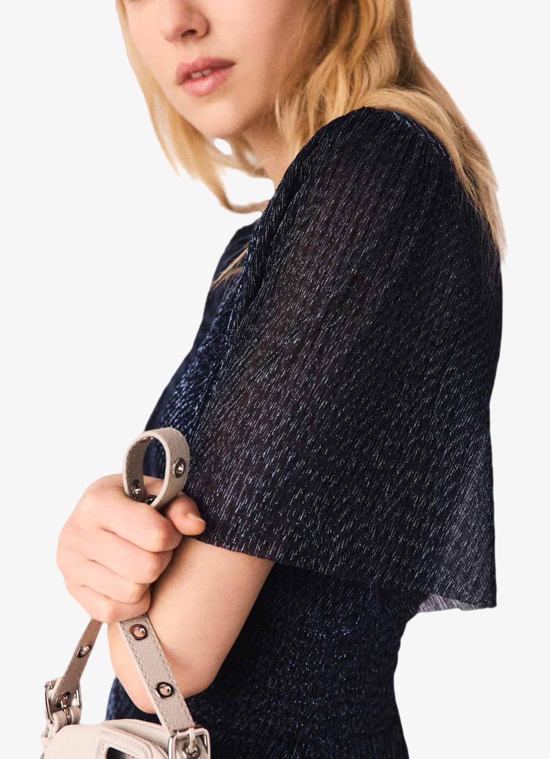 Maje Ruffiba midi jurk met volant - detail 4 donkerblauw