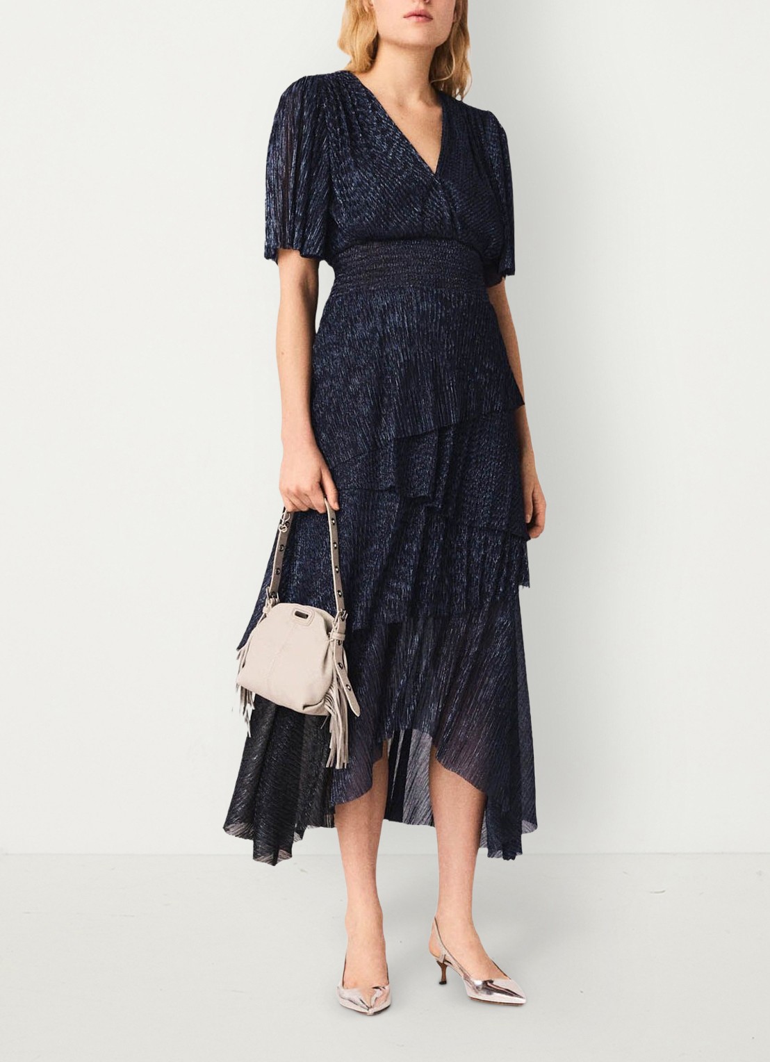 Maje Ruffiba midi jurk met volant - voorkant 8 donkerblauw