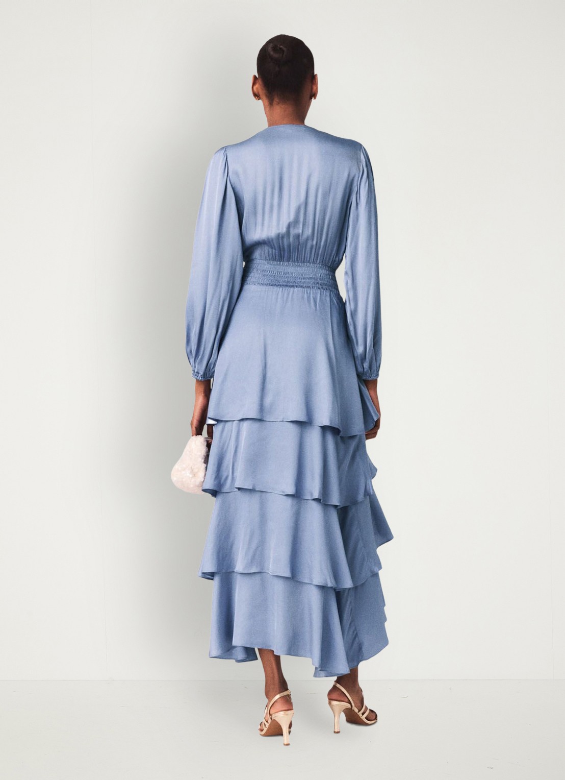 Maje Ruffinello midi jurk met smockwerk en ballonmouw - achterkant blauw