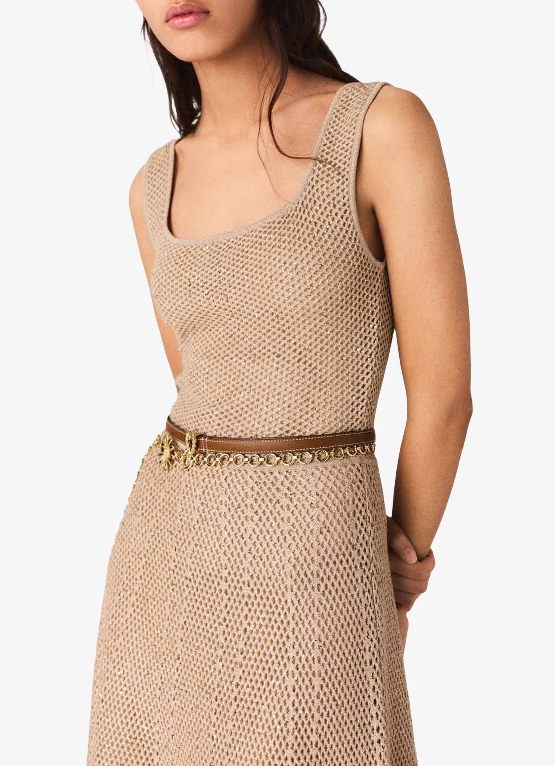 Maje Russelettync midi jurk met strass - detail 4 beige