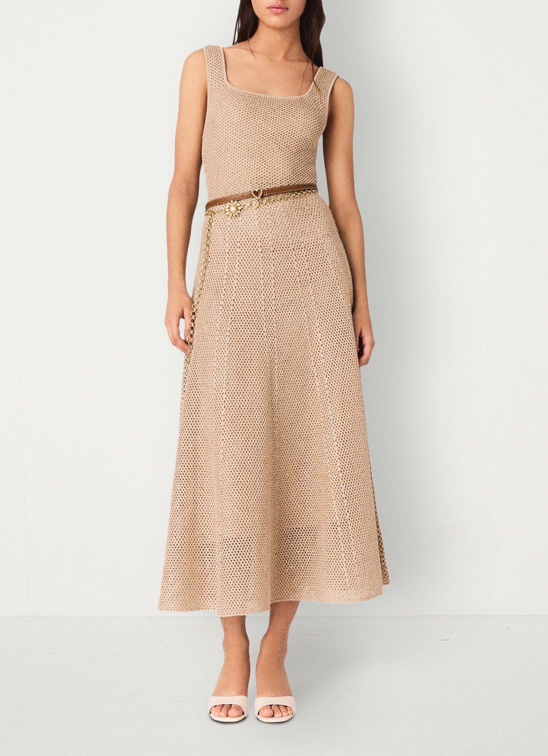 Maje Russelettync midi jurk met strass - voorkant 2 beige