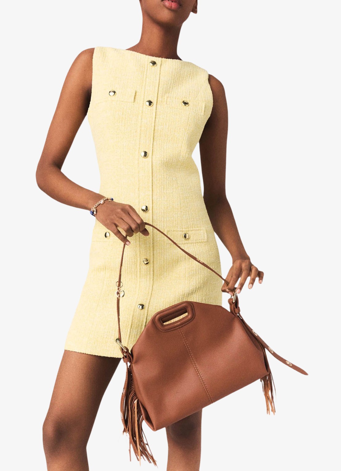 Maje Rylener mini jurk met tweed-look - detail 3 lichtgeel