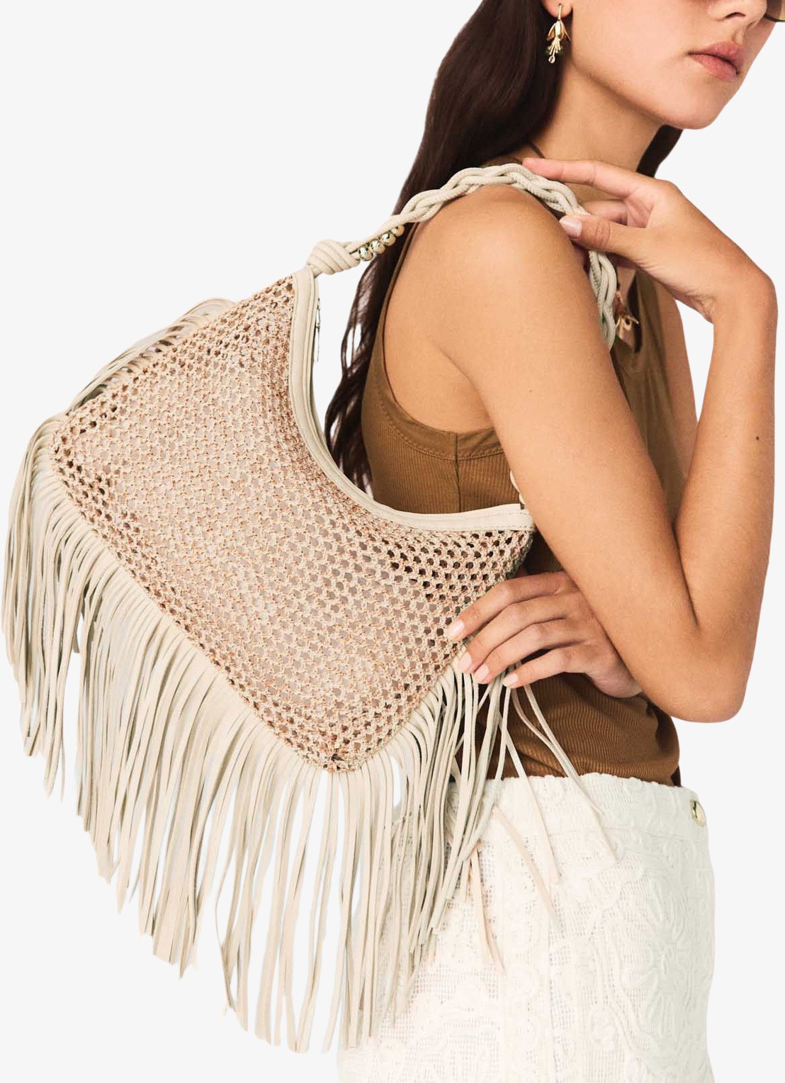 Maje Schoudertas met franjes - detail beige