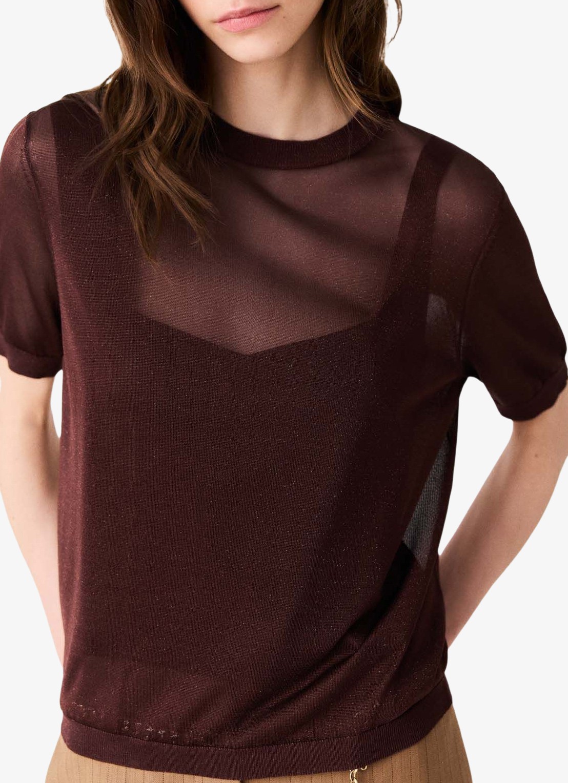 Maje Semi-transparante top met lurex - detail 7 brown / bruin