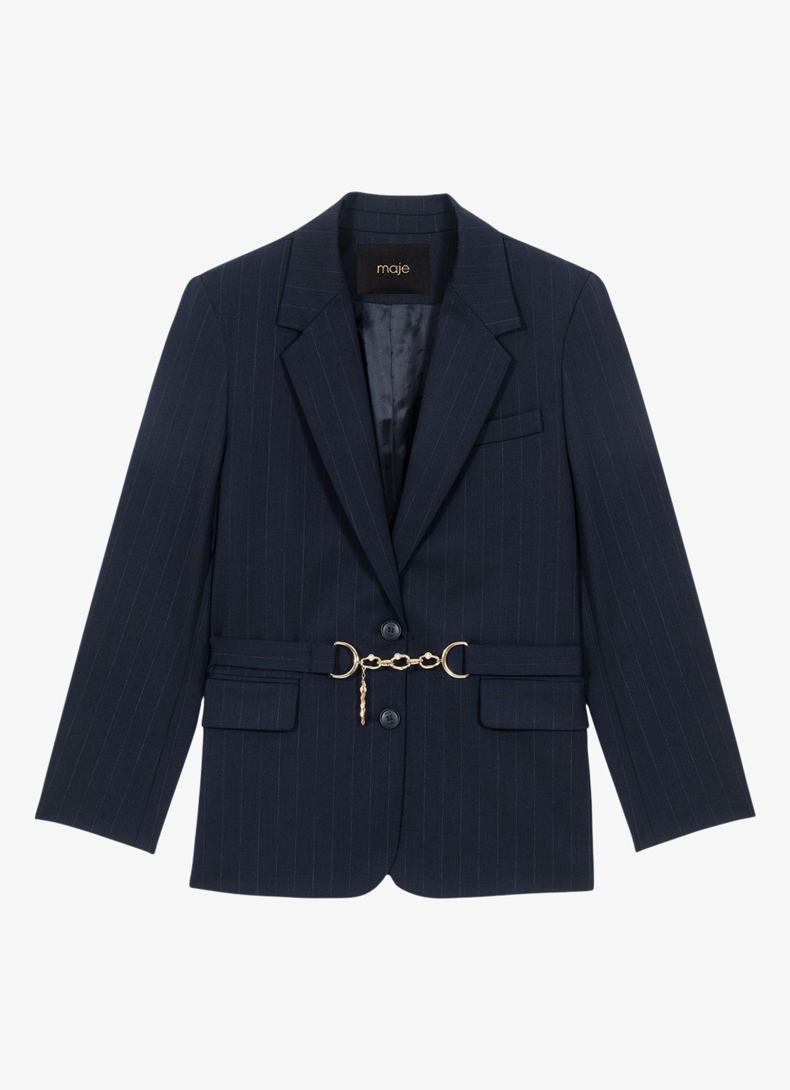Maje Single-breasted blazer in wolblend met streepprint en klepzakken - voorkant 6 donkerblauw