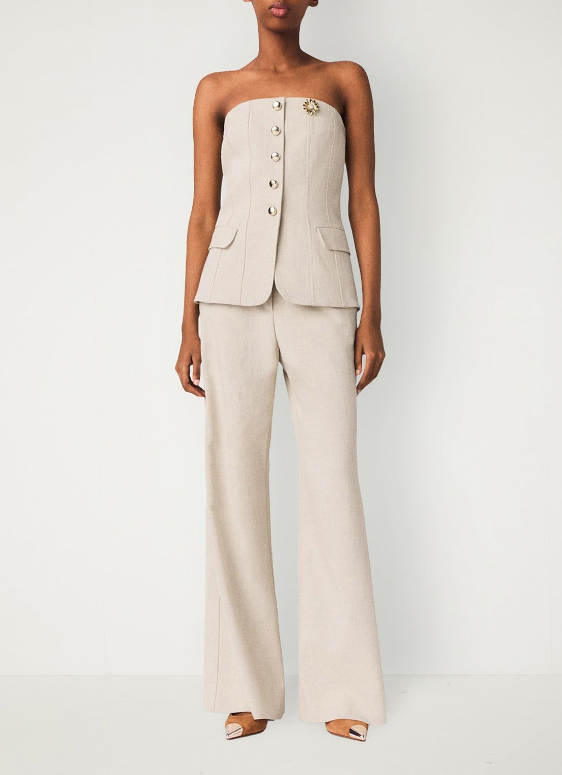 Maje Strapless top met sierknopen - voorkant 6 beige