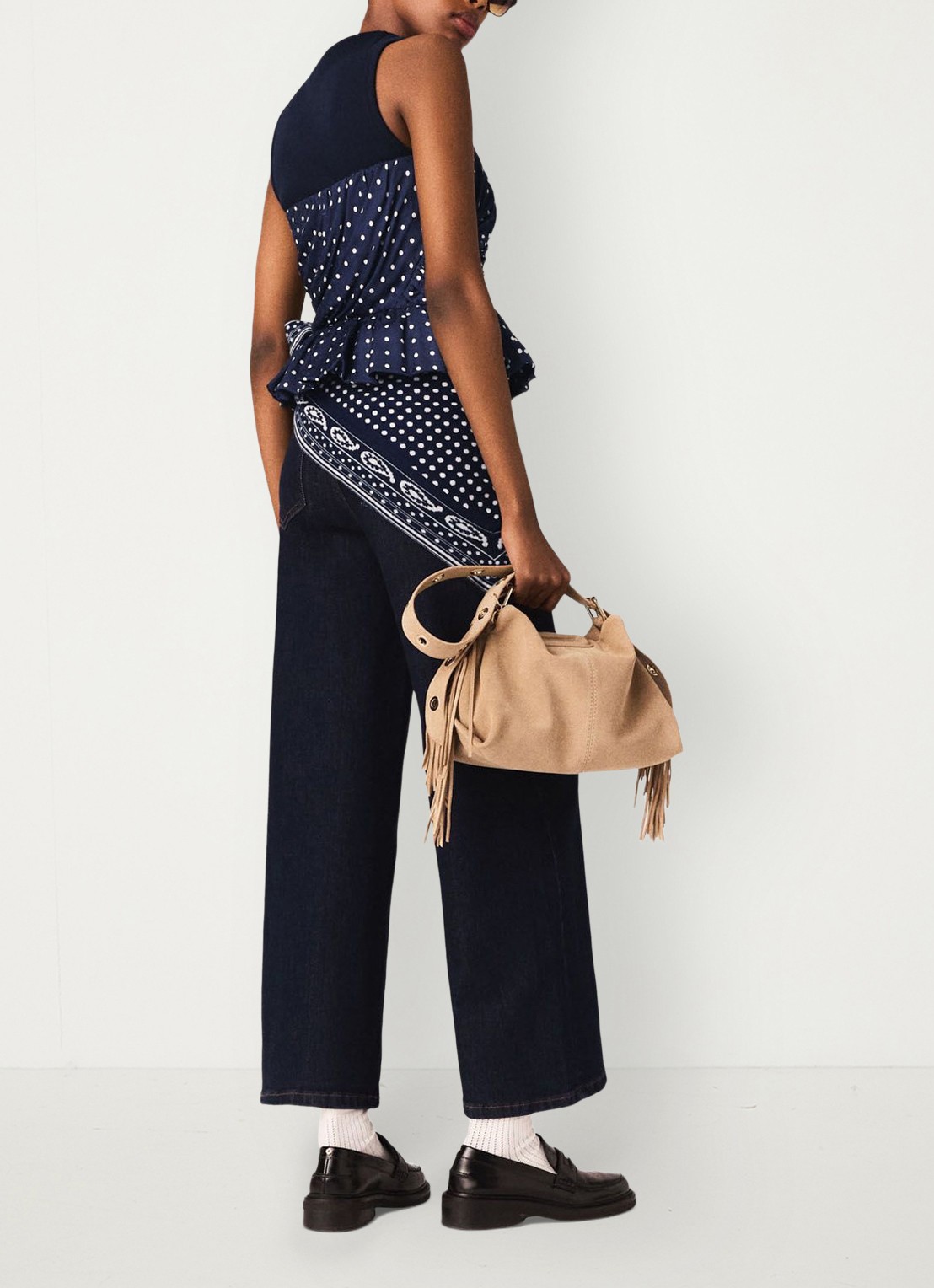 Maje Strapless top met stippenprint - achterkant 3 donkerblauw