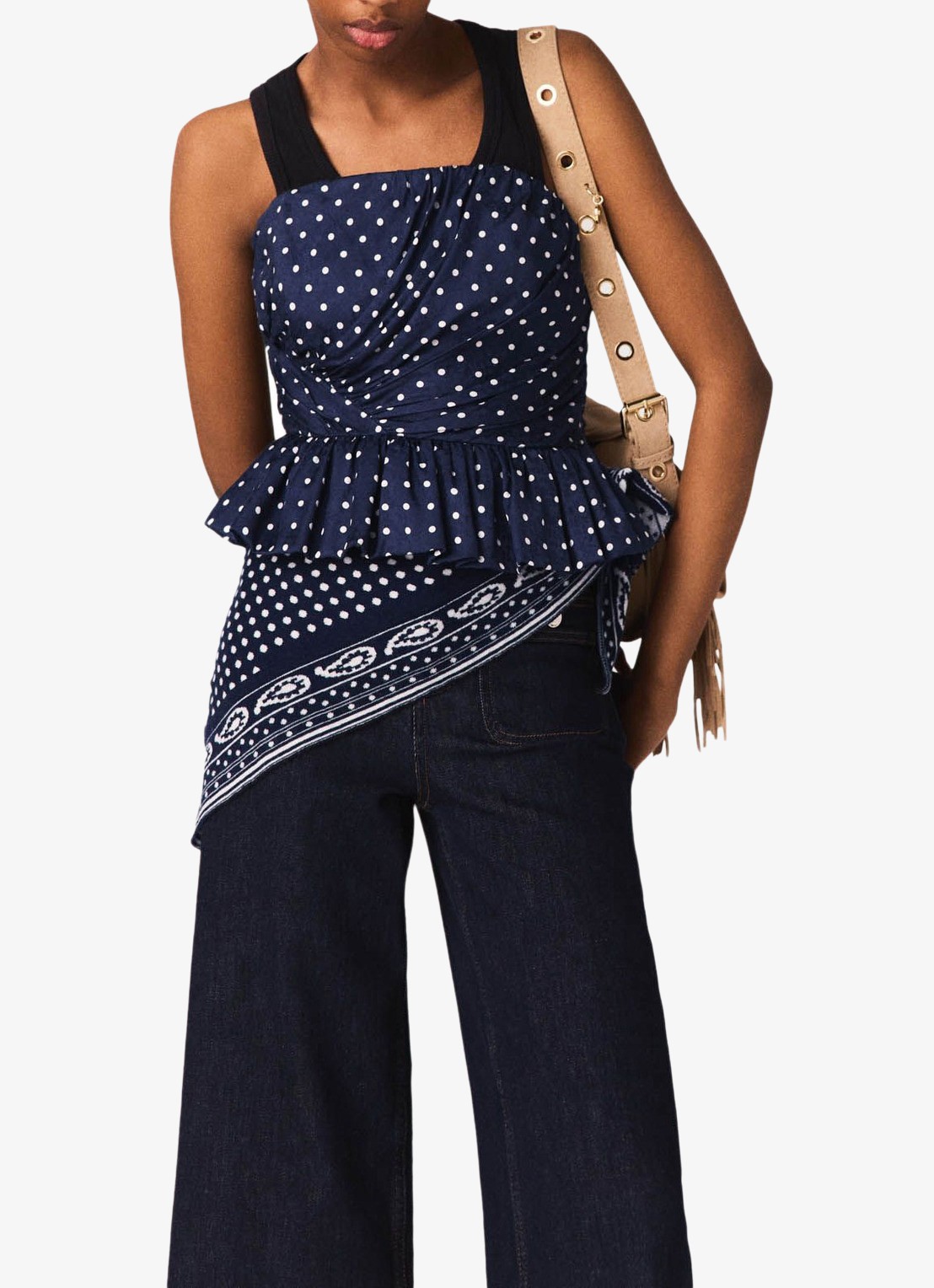 Maje Strapless top met stippenprint - detail 4 donkerblauw