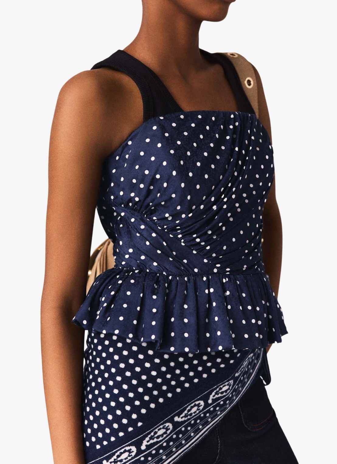 Maje Strapless top met stippenprint - detail 5 donkerblauw