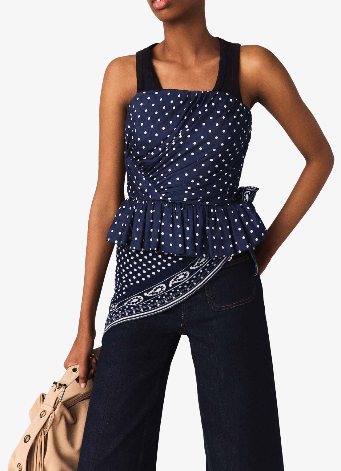 Maje Strapless top met stippenprint - detail 6 donkerblauw