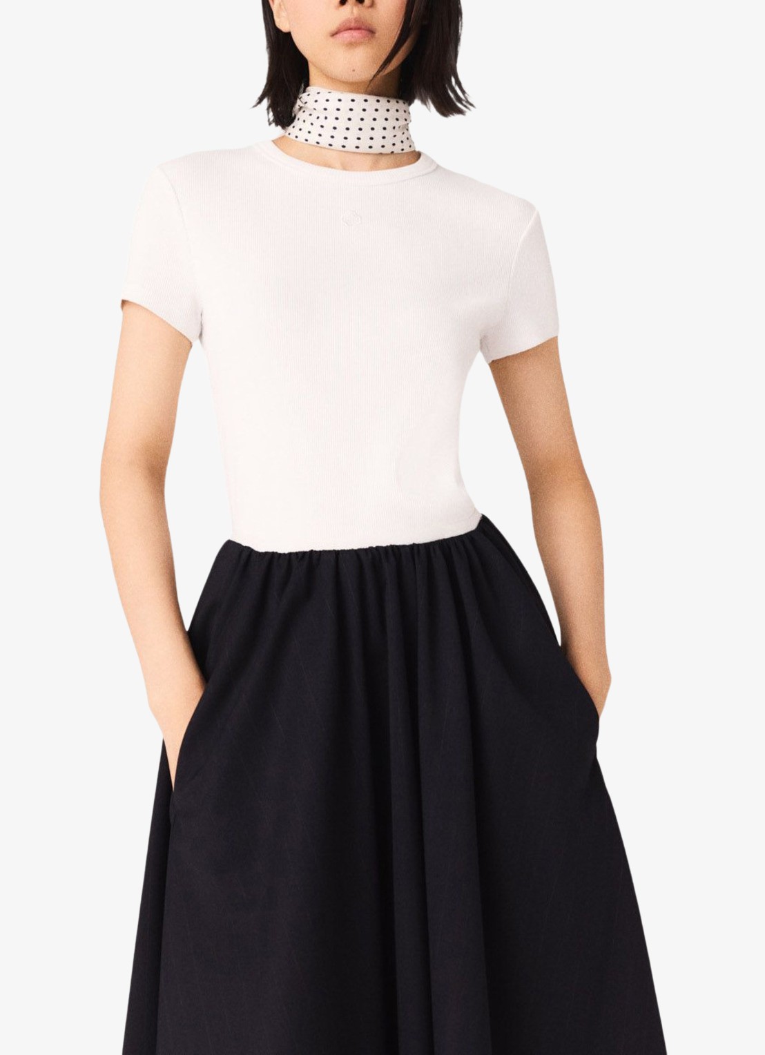 Maje Tono T-shirt met ribstuctuur  - detail wit