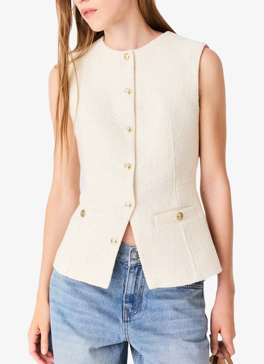 Maje Top van bouclé met opgestikte zakken - detail beige