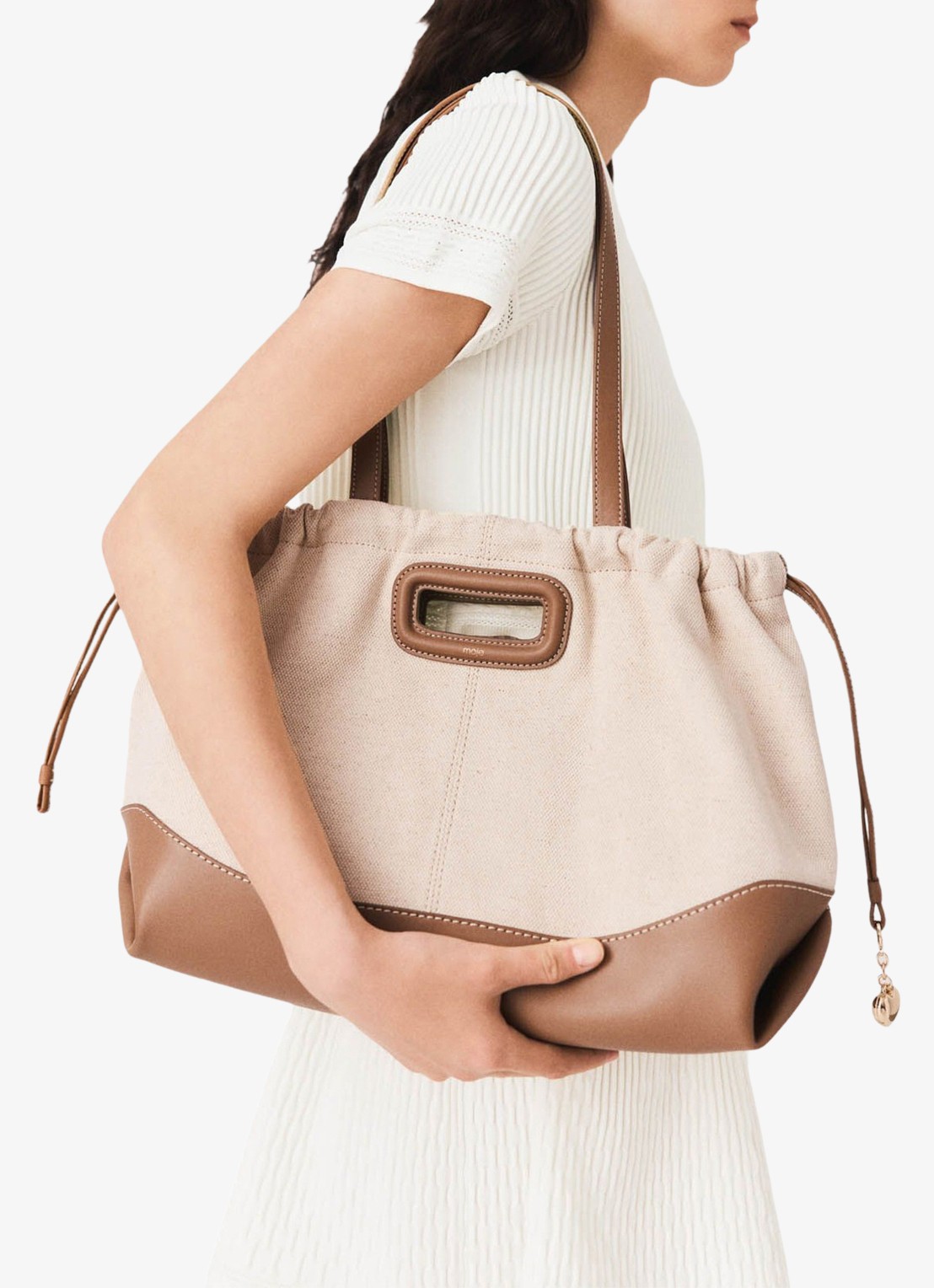 Maje Tote bag van canvas en leer - voorkant 7 moca / wit