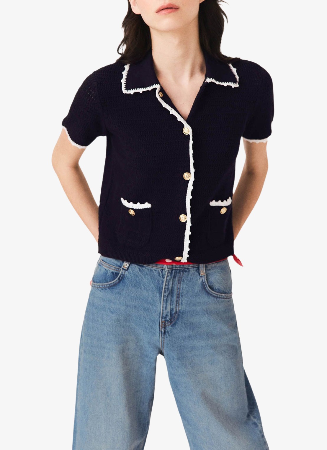 Maje Vest met haakwerkbies - detail donkerblauw