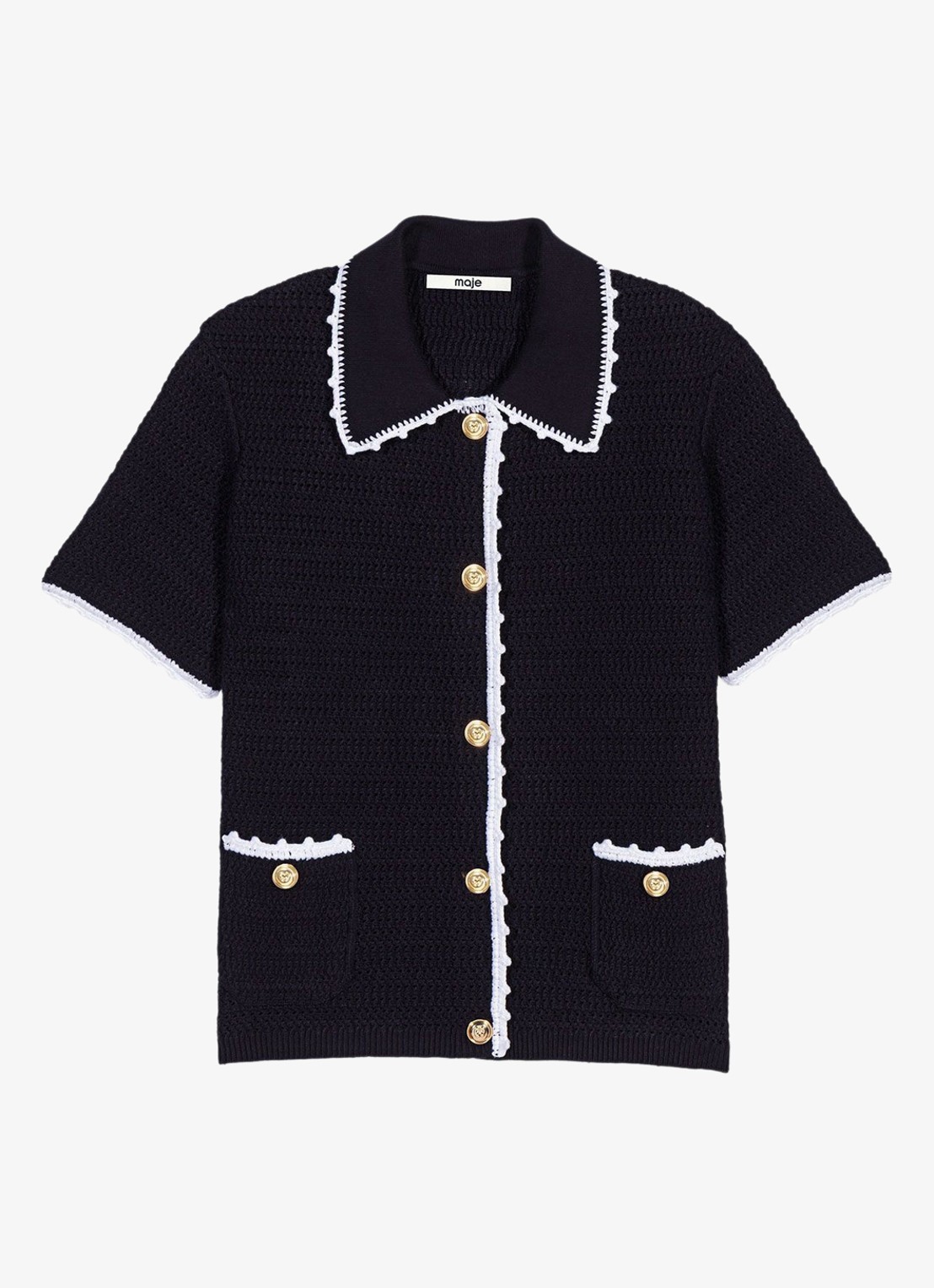 Maje Vest met haakwerkbies - voorkant 6 donkerblauw