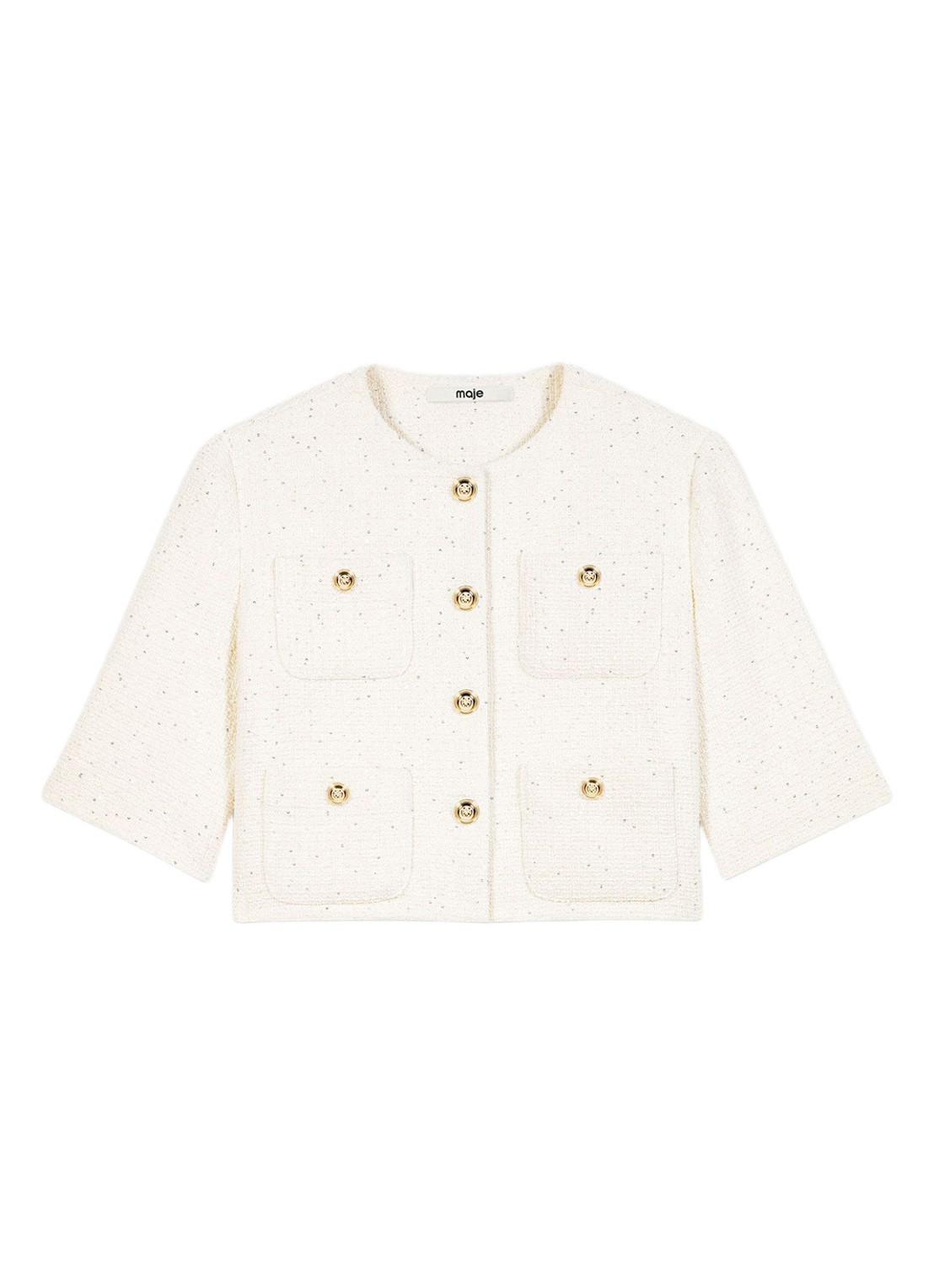 Maje Vest van bouclé met opgestikte zakken - voorkant beige