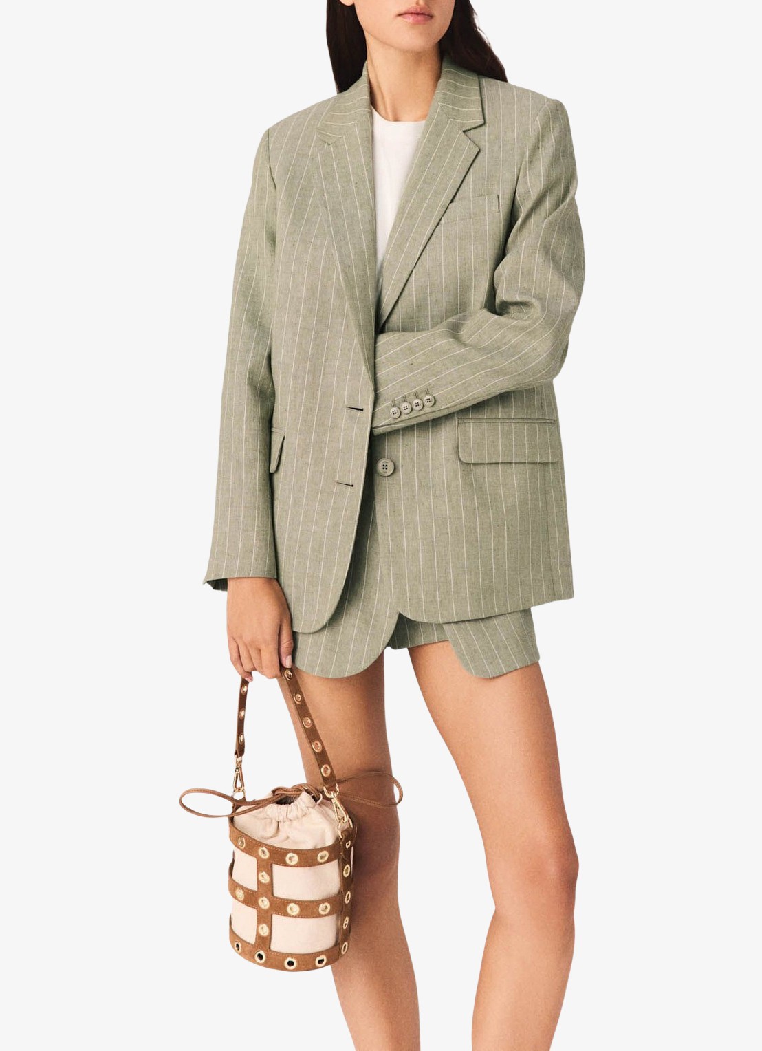 Maje Vilimousse blazer met streepprint en klepzakken - detail 4 legergroen