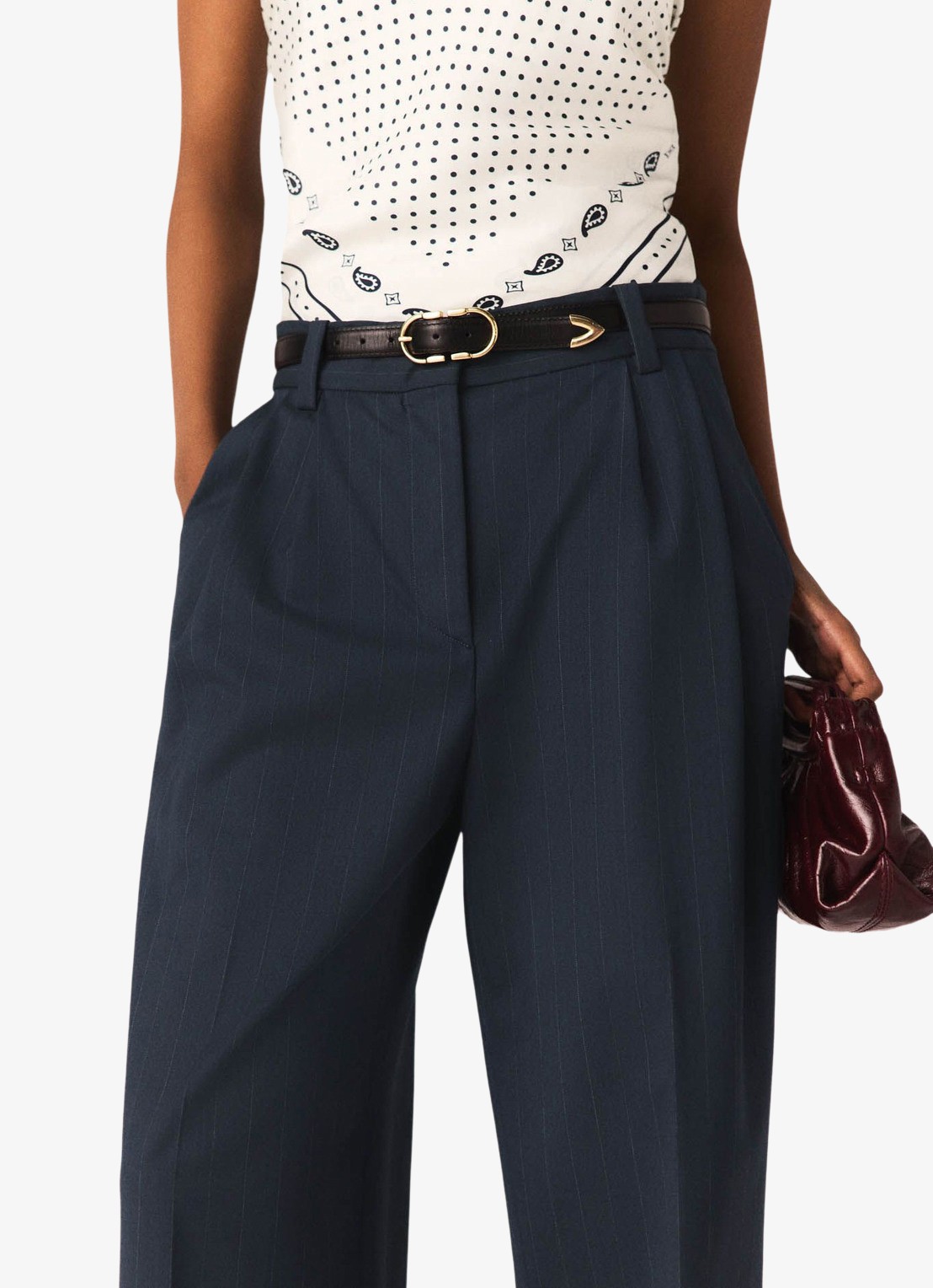 Maje Wide fit pantalon in wolblend met krijtstreep - detail 4 donkerblauw
