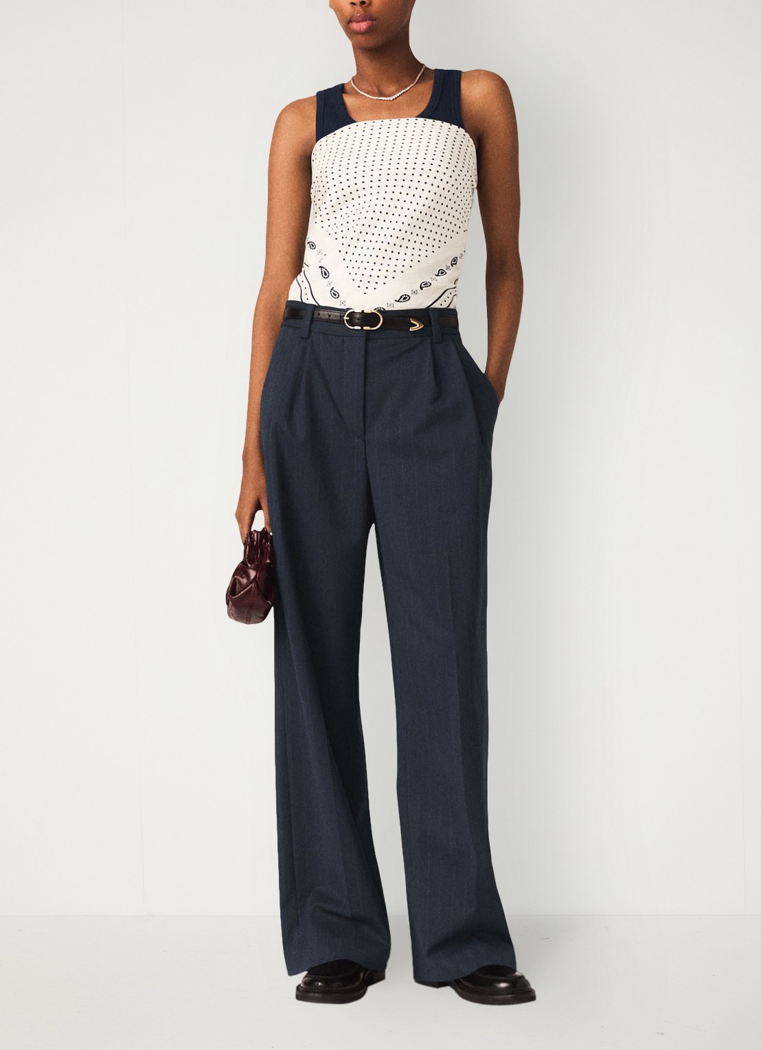 Maje Wide fit pantalon in wolblend met krijtstreep - voorkant 6 donkerblauw