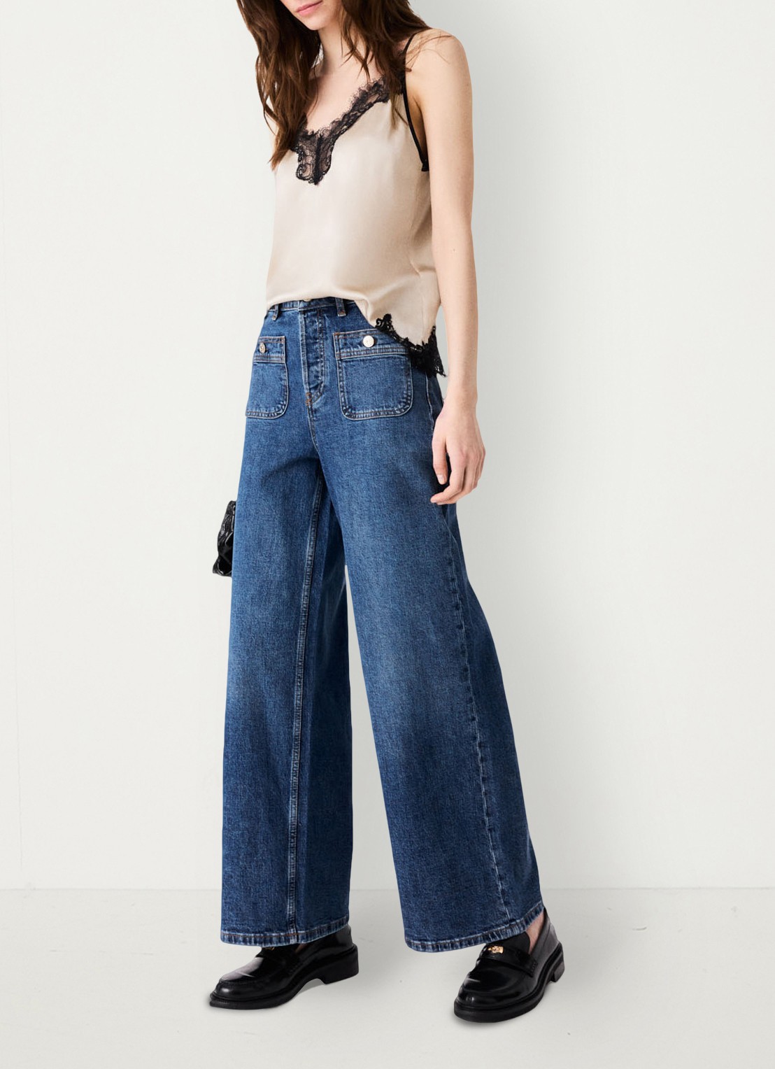 Maje Wide leg jeans met opgestikte zakken - detail 5 donkerblauw