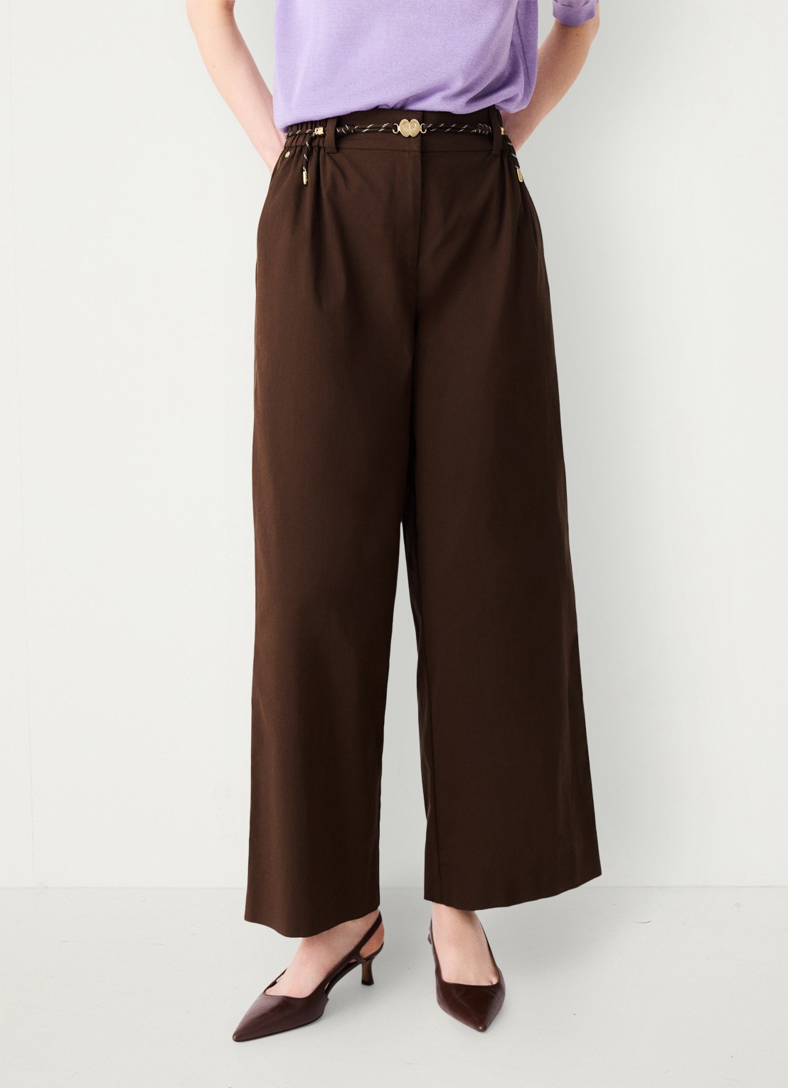 Maje Wide leg pantalon met gevlochten ceintuur - detail 5 brown / bruin