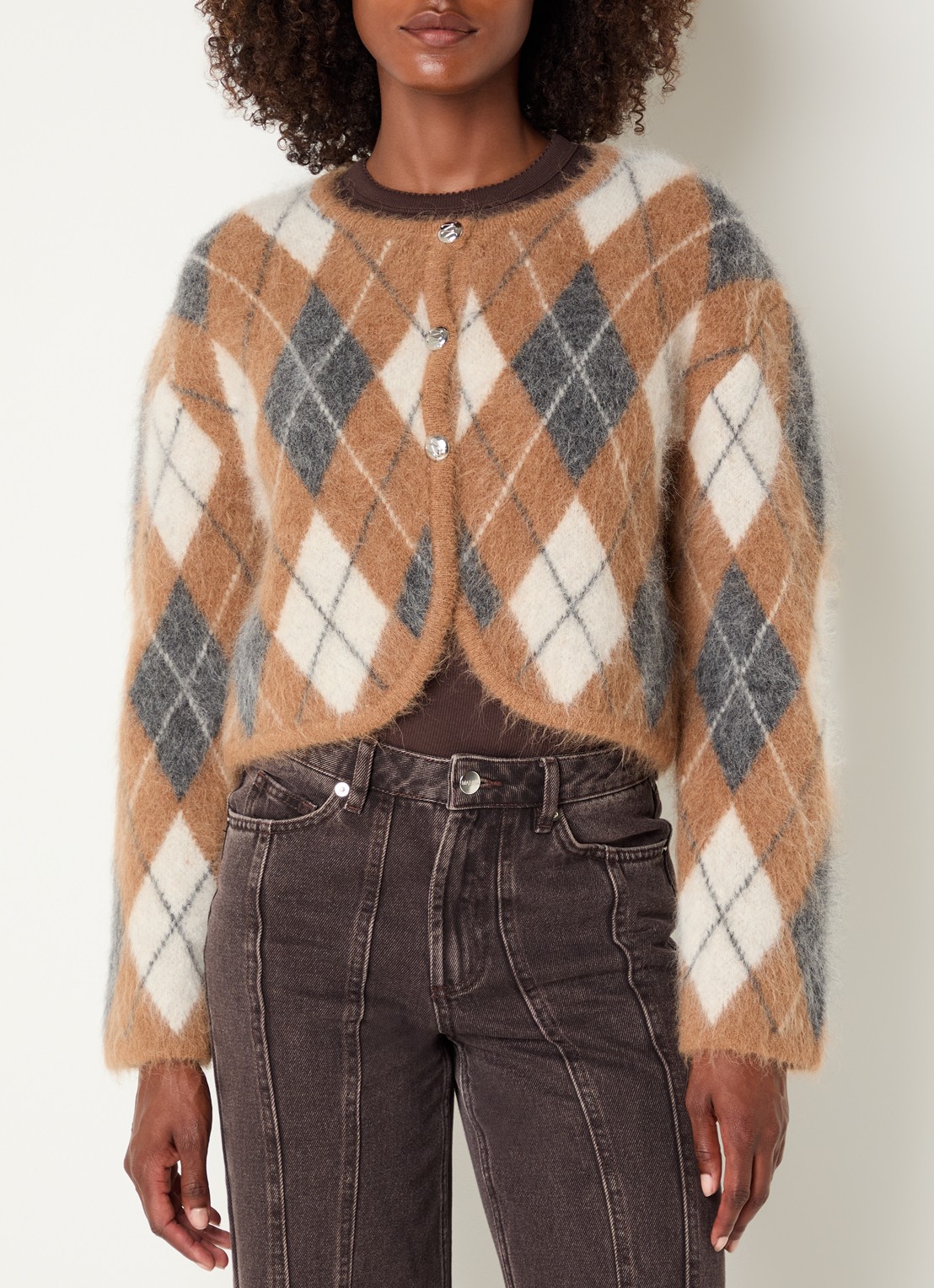 Malina Aislinn grofgebreid vest in alpaca wolblend met ruitdessin - detail 3 camel