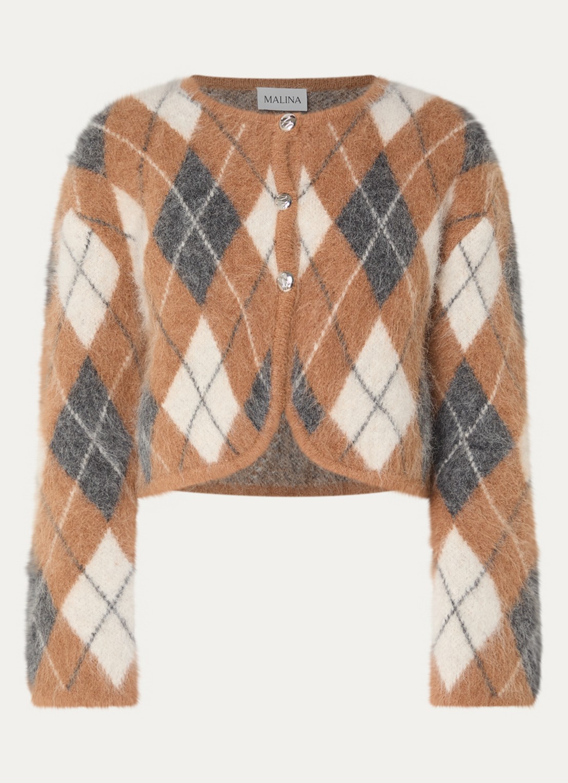Malina Aislinn grofgebreid vest in alpaca wolblend met ruitdessin - voorkant camel