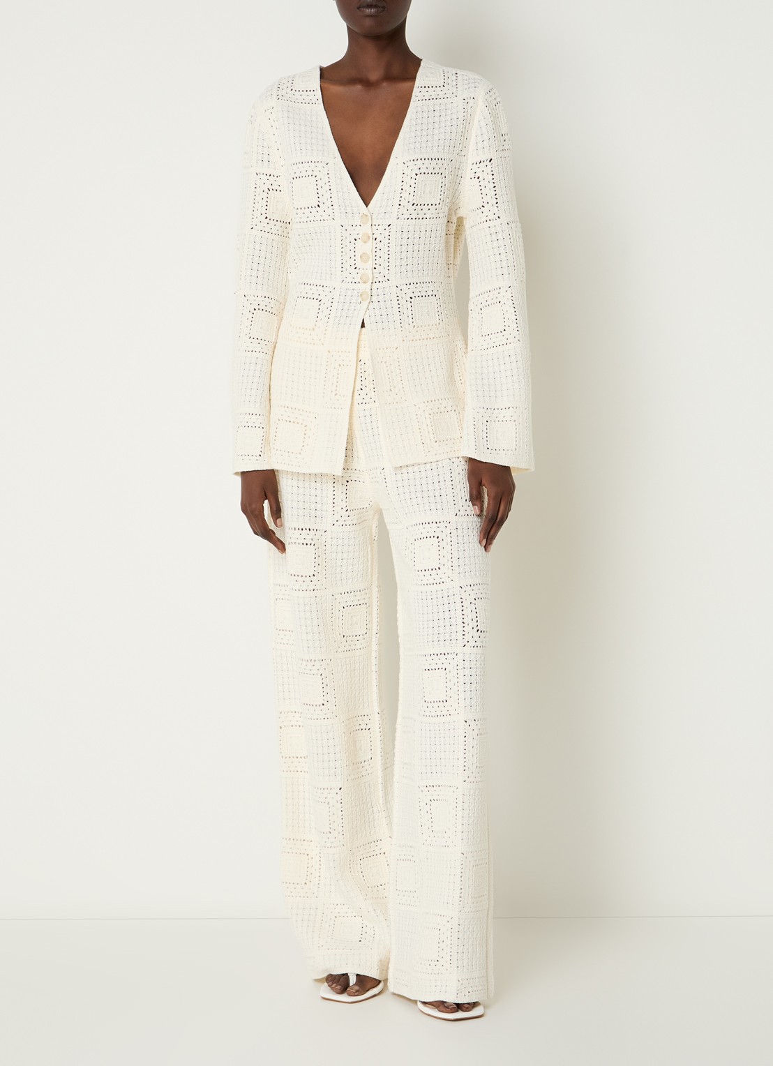 Malina Aleya high waist straight fit broek van crochet - voorkant 4 gebroken wit