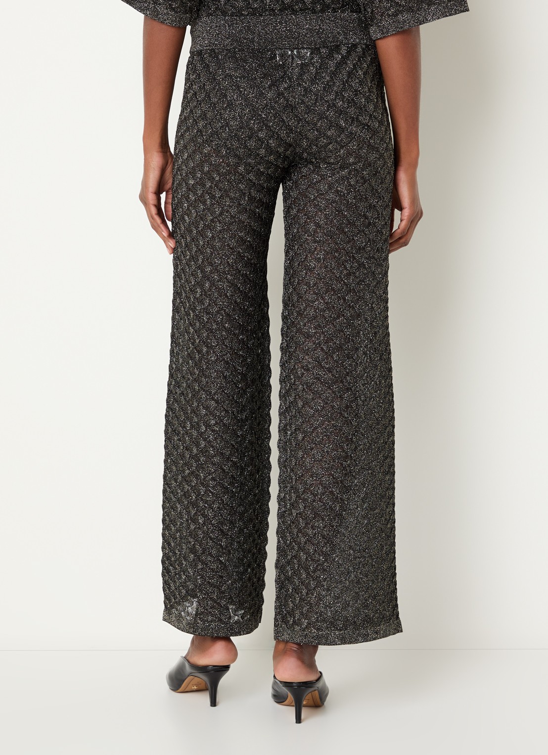 Malina Alissa semi-transparante high waist wide fit broek met lurex en structuur - achterkant 3 zwart