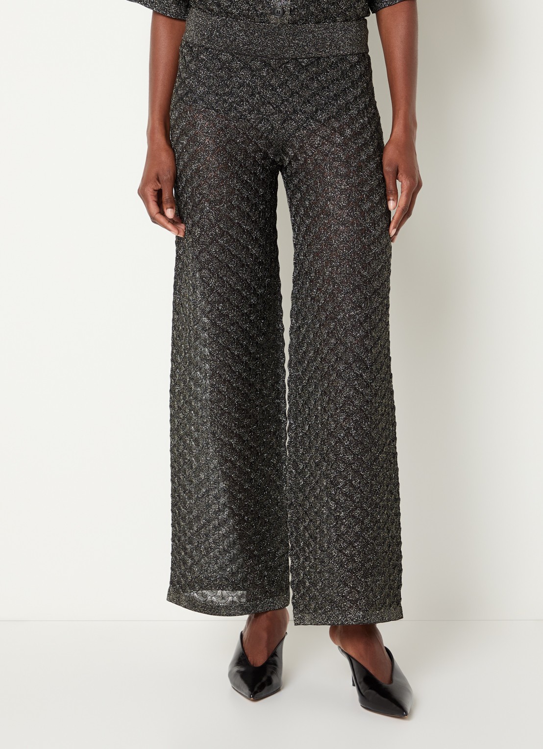 Malina Alissa semi-transparante high waist wide fit broek met lurex en structuur - detail 4 zwart