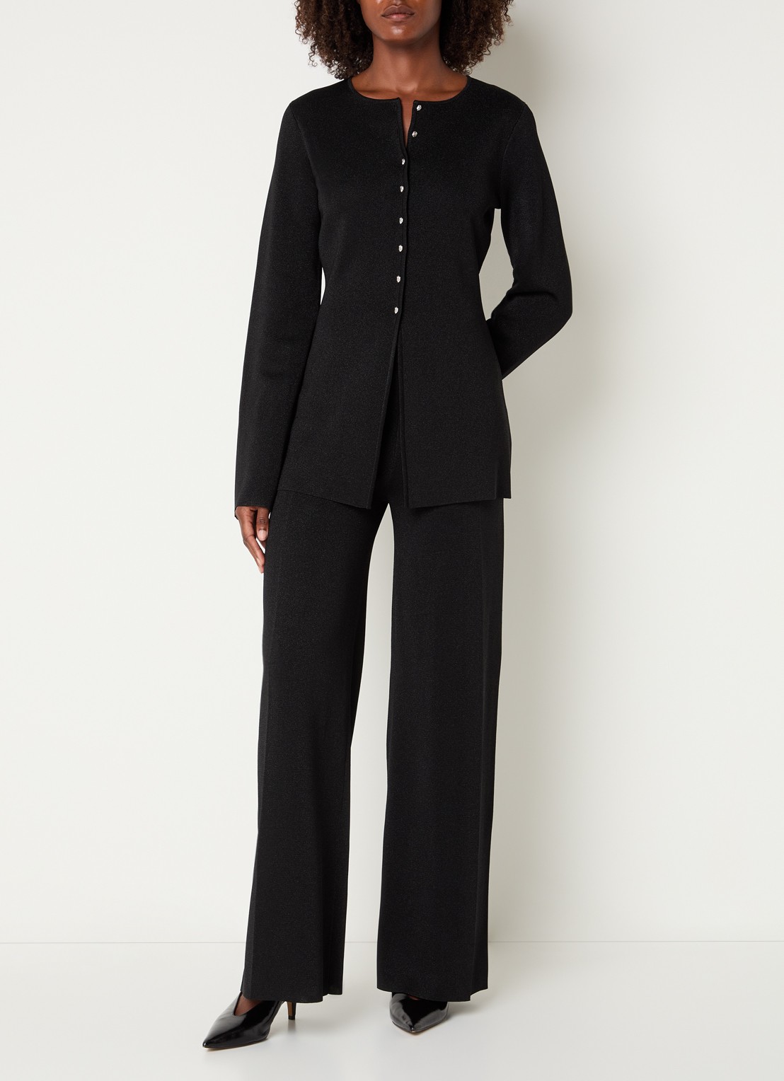 Malina Ammie high waist wide fit broek met lurex - voorkant 2 zwart