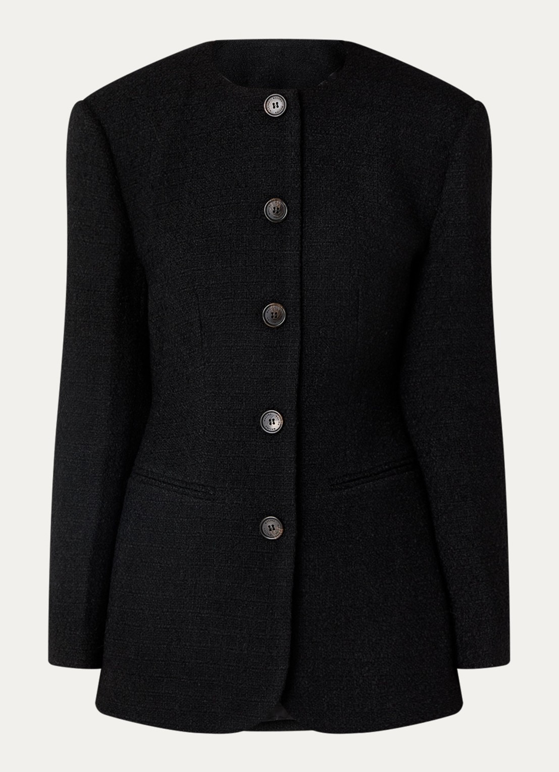 Malina Carol blazer met tweed-look en paspelzakken - voorkant 2 zwart