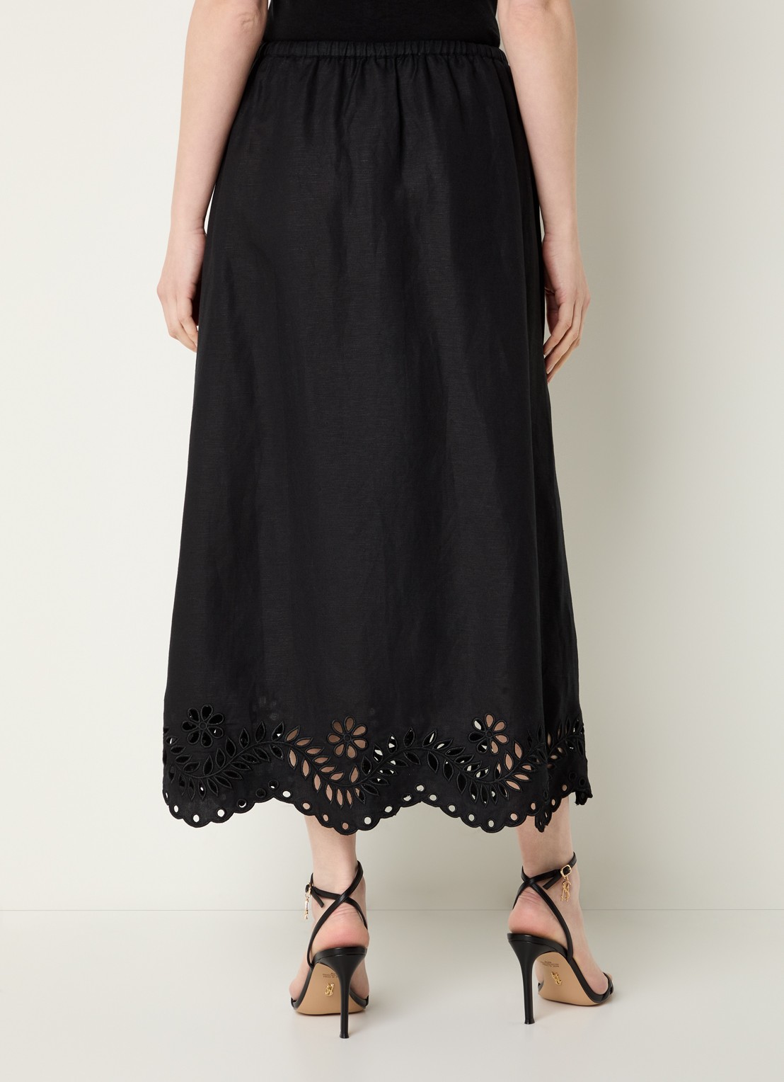 Malina Chara midi rok in linnenblend met broderie - achterkant 4 zwart
