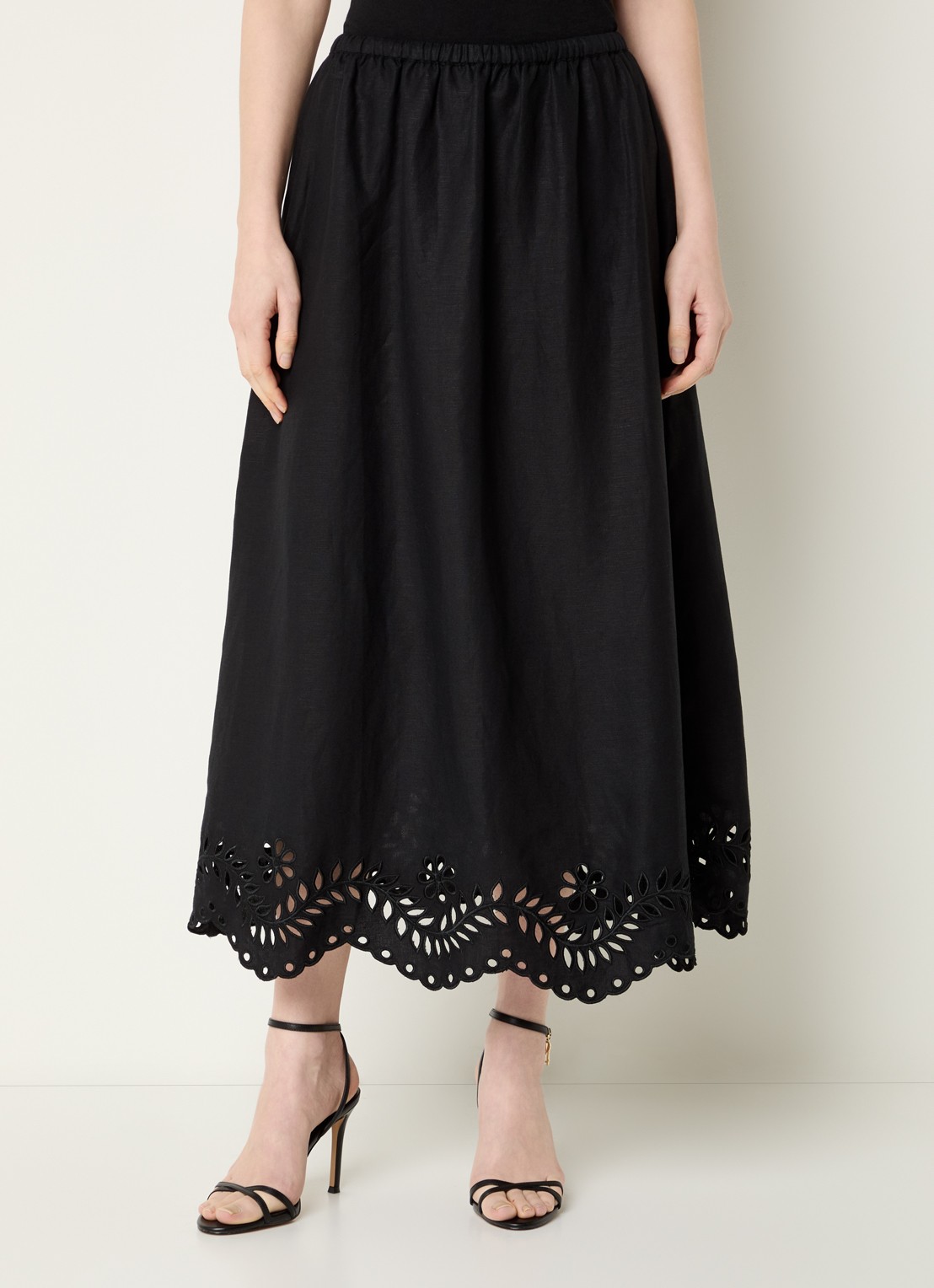Malina Chara midi rok in linnenblend met broderie - detail 3 zwart