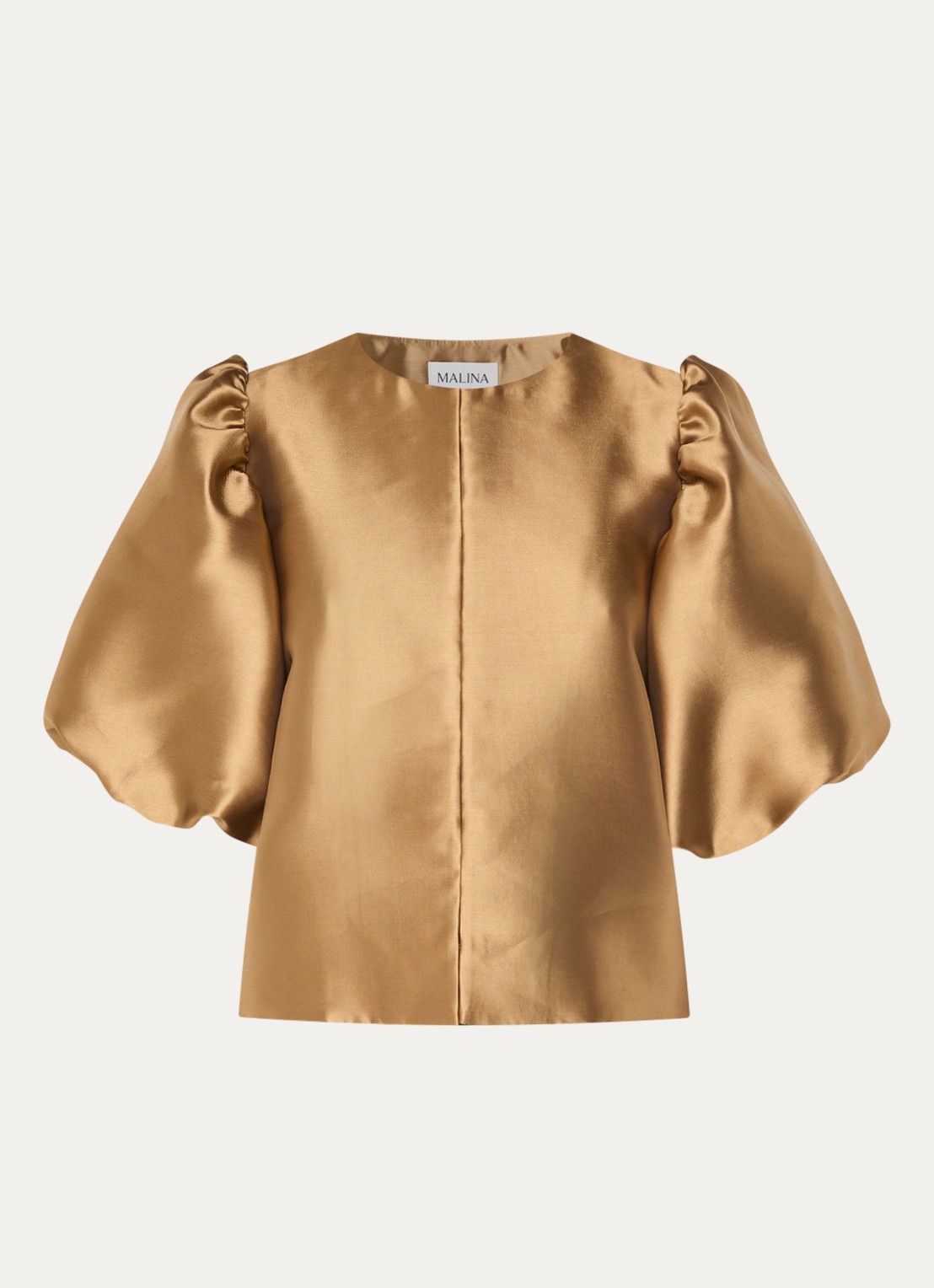 Malina Cleo blouse van satijn met pofmouw - voorkant camel