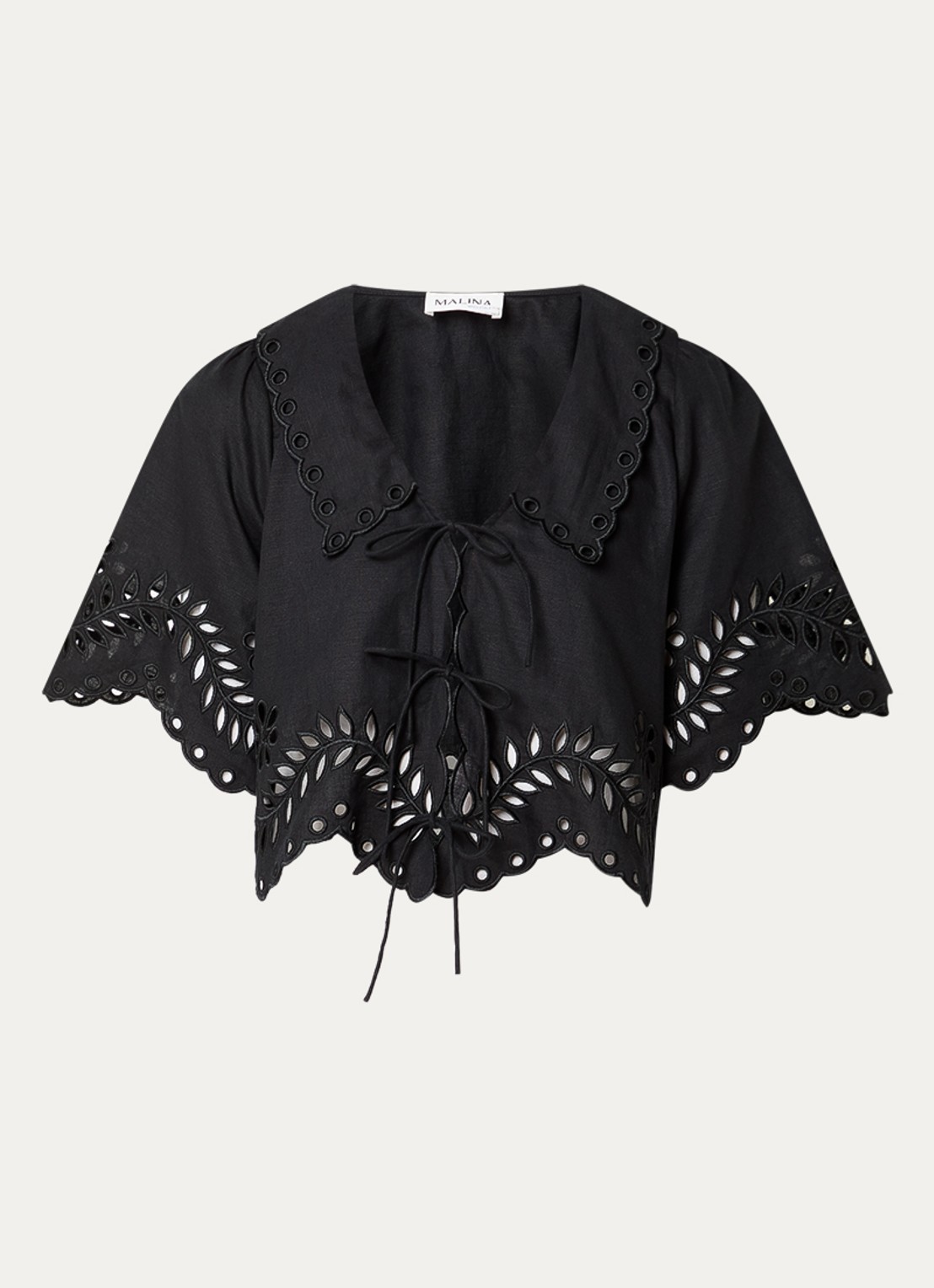 Malina Estela blouse met broderie en gestrikt detail - voorkant zwart