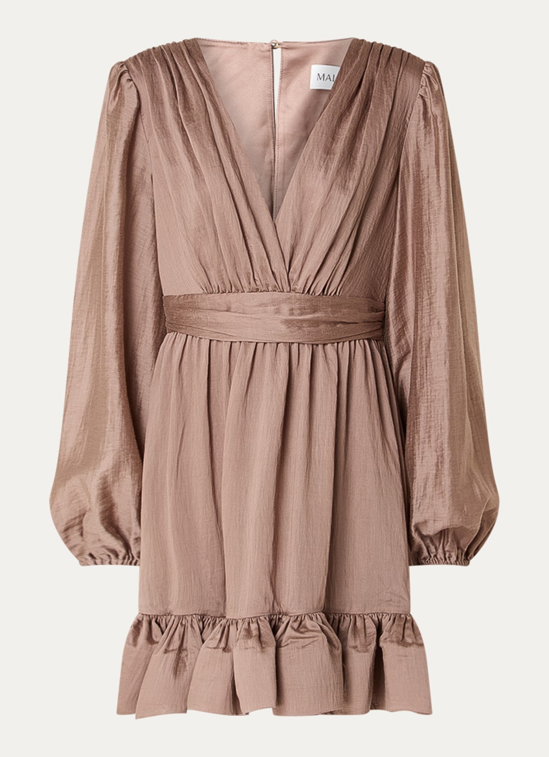 Malina Jadie mini jurk met strikceintuur en ballonmouw - voorkant 3 donkerbeige
