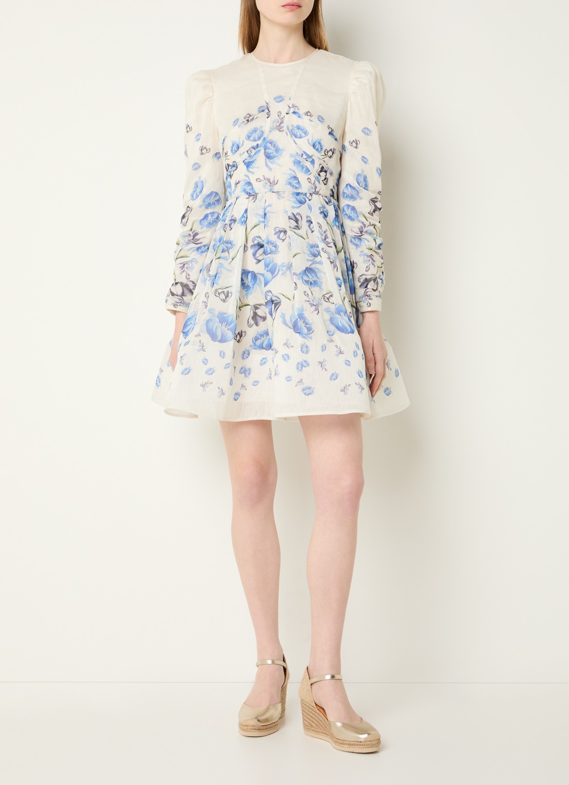 Malina Leoni mini jurk in zijdeblend met bloemenprint - voorkant 4 gebroken wit