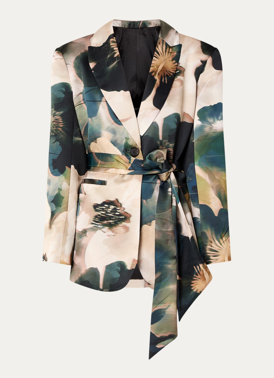 Malina Liv blazer van satijn met strikceintuur - voorkant beige