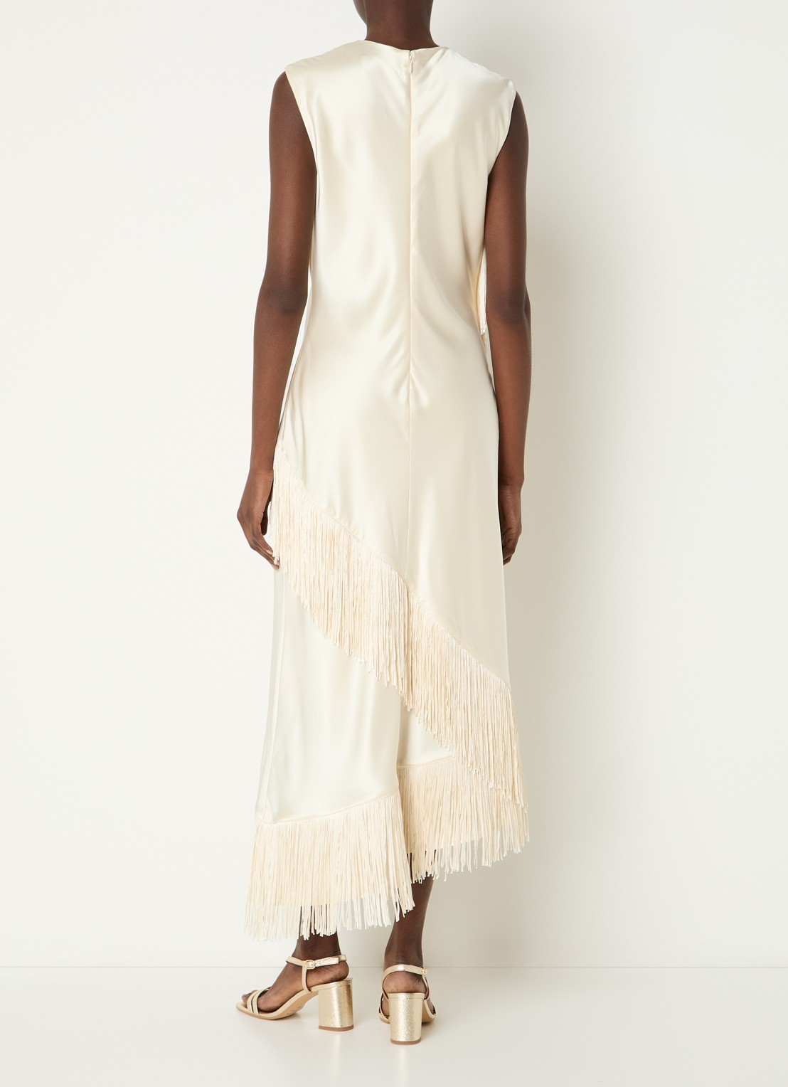 Malina Lovis midi jurk van satijn met franjes - achterkant 4 creme