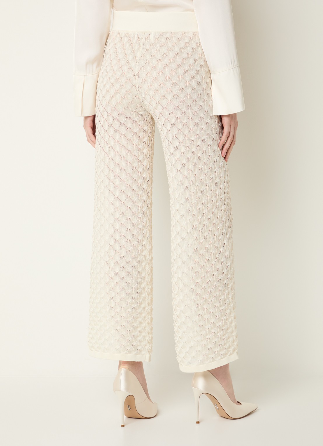 Malina Martina grofgebreide high waist wide fit broek - achterkant creme