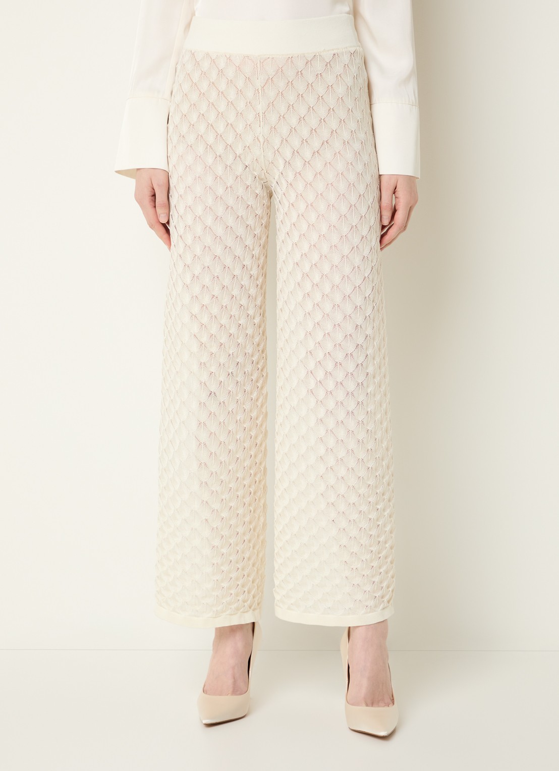 Malina Martina grofgebreide high waist wide fit broek - detail 4 creme