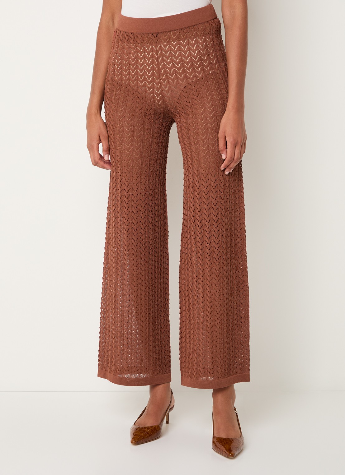 Malina Martina grofgebreide high waist wide fit broek - detail 3 roestbruin