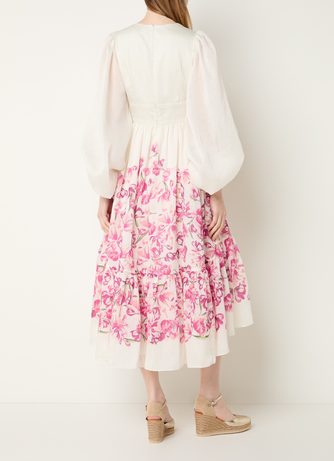 Malina Sasia midi tuniekjurk in linnenblend met bloemenprint - achterkant roze