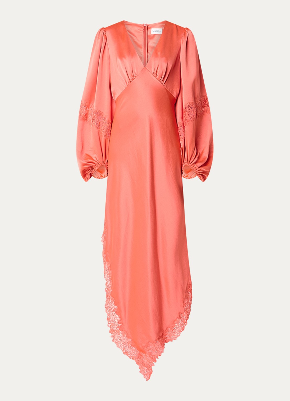 Malina Seema midi jurk van satijn met asymmetrische zoom en details van kant - voorkant 3 koraal