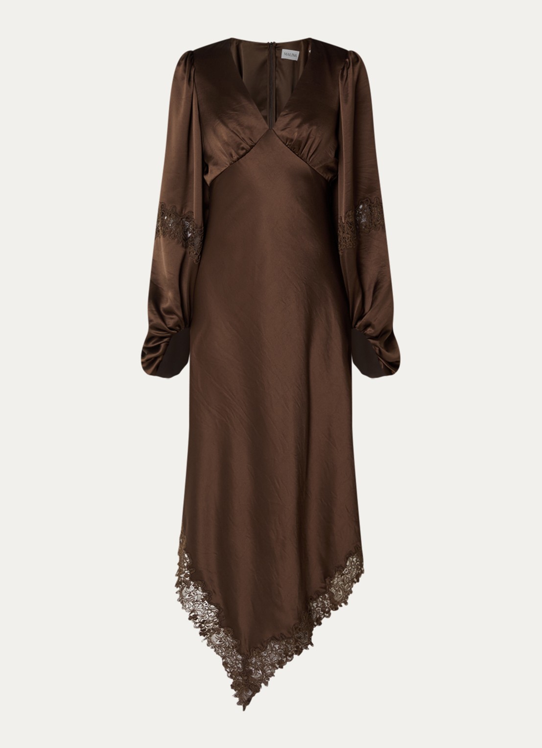 Malina Seema midi jurk van satijn met asymmetrische zoom en details van kant - voorkant 3 bruin
